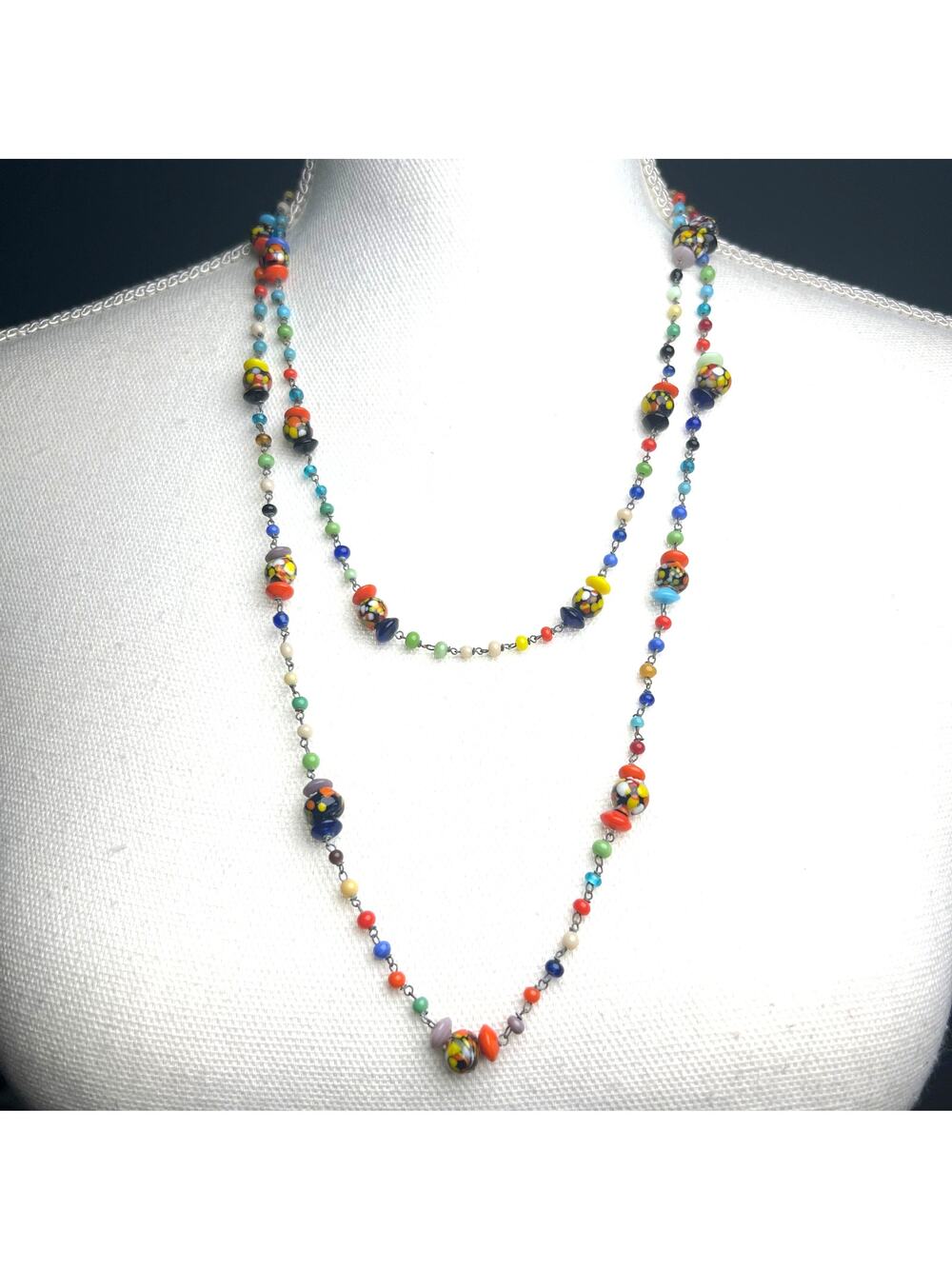 Vintage Millefiori Glass Necklace Hand Wired Venetian Murano Art Deco Long Chain